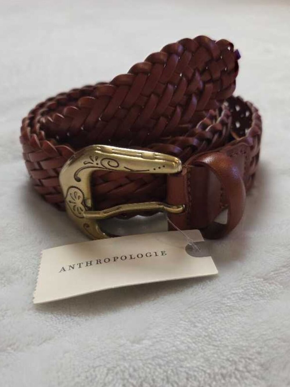 New XL Anthropologie western buckle woven braided leather belt in tan / gold
